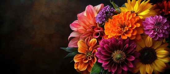 Poster - A summer bouquet featuring dahlias zinnias and sunflowers with copy space