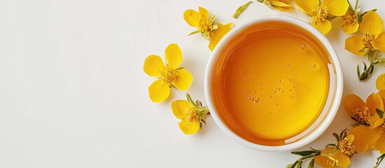 Aufkleber - A bowl of honey with surepka flowers on a white background Surepka has antioxidant benefits and includes ascorbic acid Space for text. with copy space image. Place for adding text or design