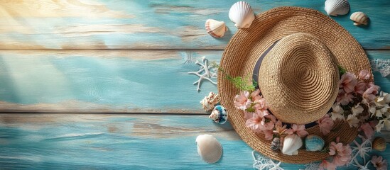 Poster - Holiday Sea Background A straw hat decorated with flowers and seashells rests on a wooden floor with sand stylized waves and sunlight embodying the concept of summer vacations. with copy space image