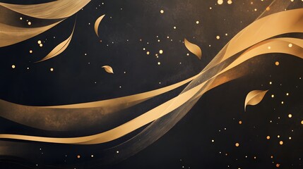 Wall Mural - a luxurious abstract background featuring flowing golden ribbons and delicate leaves against a dark 