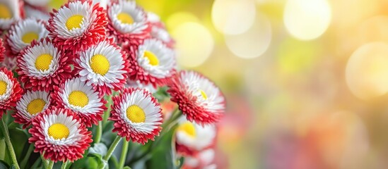 Poster - A cluster of blooming red and white bellis perennis also known as English daisies with copy space