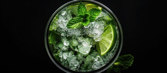 Aufkleber - Mojito cocktail a refreshing blend of mint rum and lime served as a cold drink Black background Top view. with copy space image. Place for adding text or design