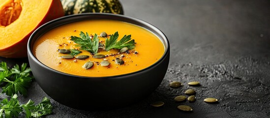 Poster - Pumpkin soup garnished with parsley and pumpkin seeds Autumn theme. with copy space image. Place for adding text or design