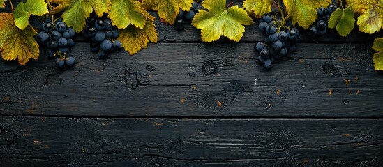 Fototapete - Autumn backdrop Grape leaves on a damp black wooden surface Copyspace Top view