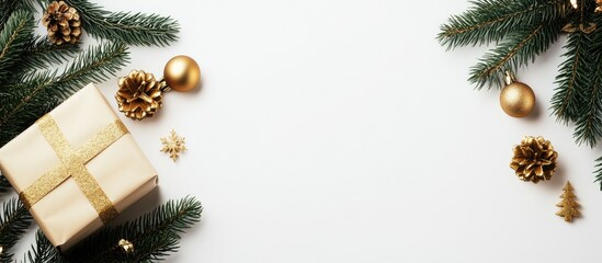 Aufkleber - Christmas flat lay backdrop featuring a fir tree branch a gift box and golden decorations on a white surface Christmas winter holidays New Year theme. with copy space image
