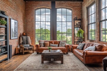 Chic urban loft with exposed brick walls, industrial-style furniture, and a cozy seating area bathed in natural light from large windows