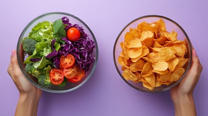 Wall Mural - Healthy Salad vs Junk Food Chips in Contrasting Hands