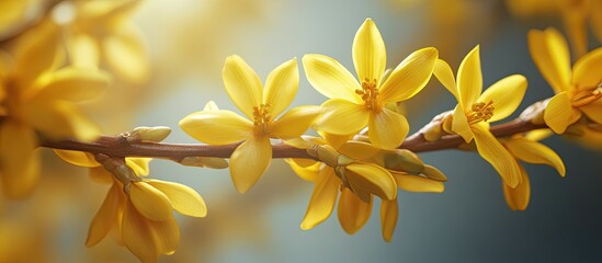 Fototapete - Close up of forsythia flowers at the end of a branch featuring space for copy