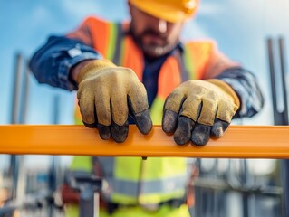 Closeup of a construction worker's hands using a level on a construction site.