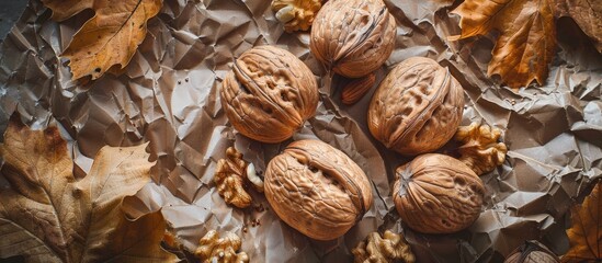 Leinwandbilder - Textured vintage paper background featuring freshly harvested walnuts. with copy space image. Place for adding text or design
