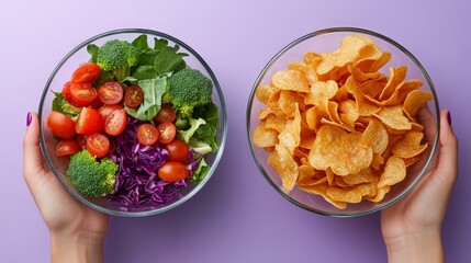 Wall Mural - Healthy Salad vs Junk Food Chips in Contrasting Hands