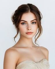 Wall Mural - A portrait of a young woman with beautiful blue eyes and soft, natural makeup, wearing a strapless, light-colored dress against a plain background. 