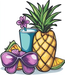 Canvas Print - A pineapple, a blue drink with a flower straw, sunglasses and orange slices.