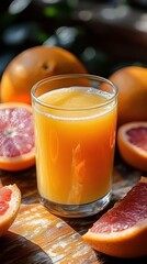 Wall Mural - A glass of fresh grapefruit juice with fruit slices on a wooden table.