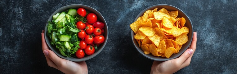 Wall Mural - Healthy Salad vs Junk Food Chips in Contrasting Hands