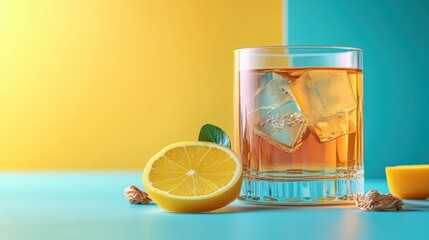 Wall Mural - Glass of iced tea with lemon wedge and ice cubes on a blue and yellow background.