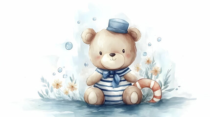 Cute Watercolor Bear in Sailor Outfit with Lifebuoy