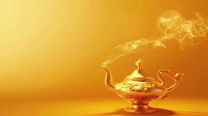 a golden magic lamp sits on a vibrant background. soft smoke rises from the spout, creating a mystic