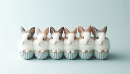 A simple background with six rabbits in cups, lined up together.