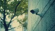 © Irina Ukrainets - A modern surveillance camera mounted on a textured wall. The camera is positioned to monitor its surroundings. A tree is visible in the background, emphasizing urban life. AI