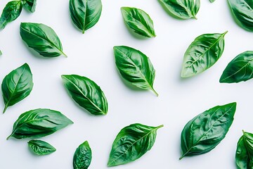 Generative AI Image of Freshly Harvested Green Basil Leaves Scattered with White Background