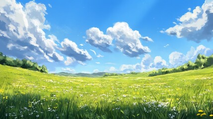 Sunny day with fluffy clouds and a green meadow with flowers.