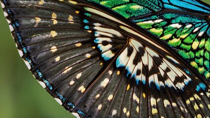 Beautiful colorful butterfly wing, flying amazing insect colors of a living animal in blue and orange on most parts