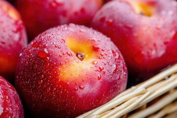 Close-up of fresh, red apples with water droplets in a basket, showcasing nature's vibrant colors and juicy texture