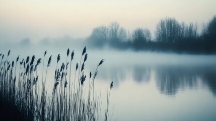 Wall Mural - Tall grass in silhouette stands in front of a foggy lake with trees on the other side.