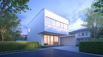 Sticker - 3D rendering of a simple two-story house in a white color, with straight lines and a minimalist style