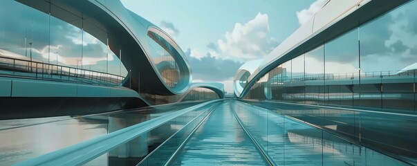 Poster - Futuristic pedestrian bridge with sleek design and glass panels, 4K hyperrealistic photo