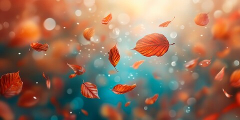 Wall Mural - Autumn background with flying leaves and bokeh lights. Beautiful autumn nature background. Autumn concept