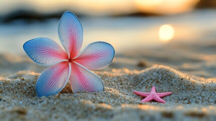 Poster - Tropical Beach Sunset with Flowers and Starfish in Sand