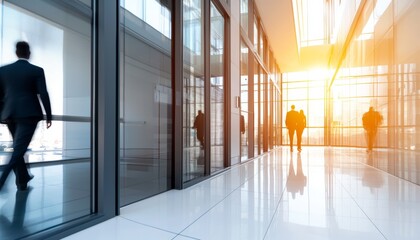 Business professionals moving through a sleek office building with glass walls and bright lighting, capturing the energy of a bustling corporate world