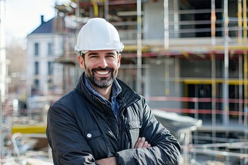 smiling male construction worker wearing a hard hat, standing in front of a construction site with buildings in the background