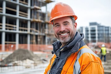 Wall Mural - smiling male construction worker wearing a hard hat, standing in front of a construction site with buildings in the background