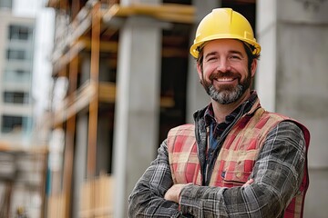 Wall Mural - smiling male construction worker wearing a hard hat, standing in front of a construction site with buildings in the background