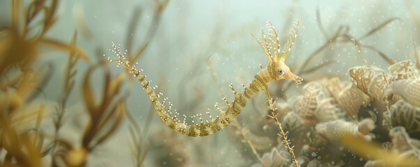 Wall Mural - Ghost pipefish blending with sea grass, 4K hyperrealistic photo