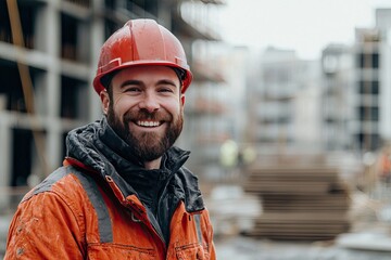 Wall Mural - smiling male construction worker wearing a hard hat, standing in front of a construction site with buildings in the background