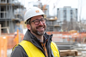 Wall Mural - smiling male construction worker wearing a hard hat, standing in front of a construction site with buildings in the background