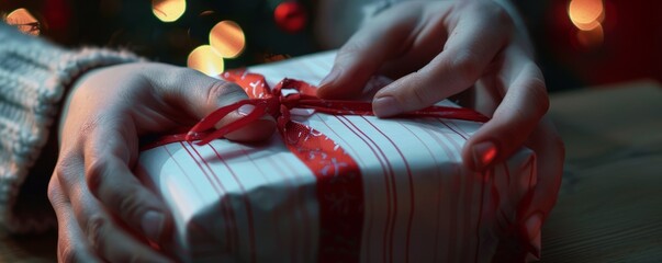 Poster - Close-up of hands unwrapping a present, 4K hyperrealistic photo