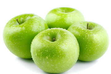 Four green apples on white background, vegetarian food