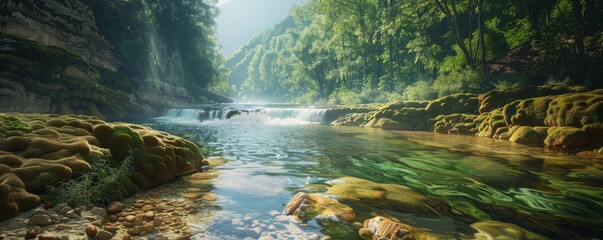 Poster - Clear river flowing through a lush canyon, 4K hyperrealistic photo