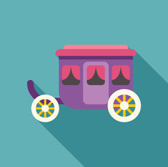 Wall Mural - Purple carriage with yellow wheels standing on turquoise background, flat design style