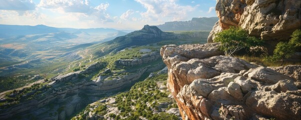 Canvas Print - Rocky cliffs with a view of a distant valley, 4K hyperrealistic photo,