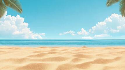 A tranquil beach scene with soft sand, calm ocean waves, and fluffy clouds under a bright blue sky, perfect for relaxation.