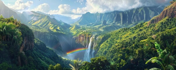 Poster - A majestic rainbow waterfall cascading down a lush mountainside, 4K hyperrealistic photo