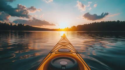 Kayaking on a serene lake at sunset with a beautiful forest in the background