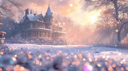 a victorian villa, wonderful and magical winter landscape