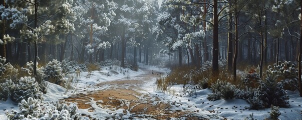 Canvas Print - Snowy path leading through a pine forest, 4K hyperrealistic photo